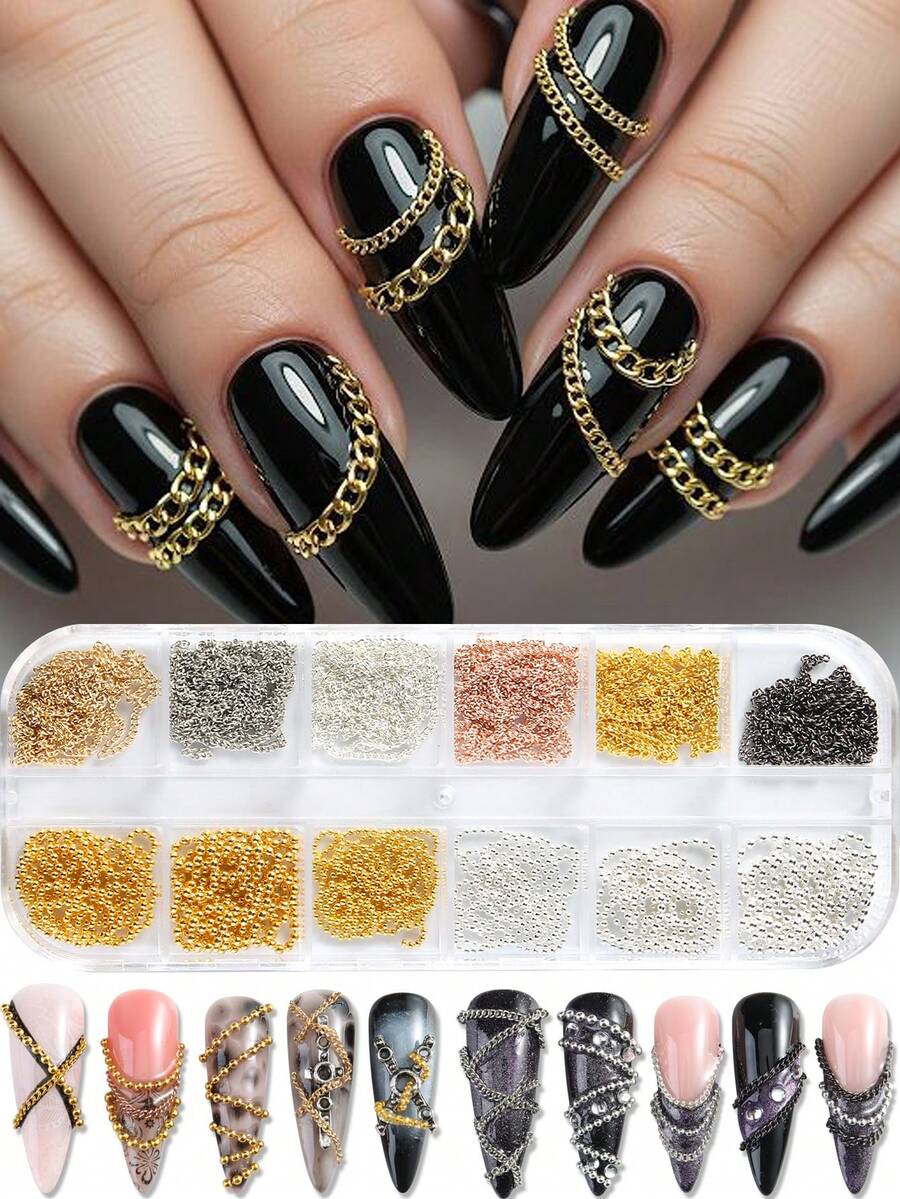 Trang trí móng tay bằng dây chuyền vàng và bạc kim loại, trang sức móng tay 3D phong cách Punk sang trọng, phụ kiện trang trí móng tay lấp lánh, tự làm đồ trang trí móng tay. - Nhiều màu - Xem 1