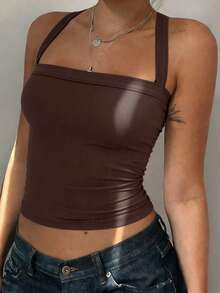 Top deportivo de verano casual para mujer con tirantes cruzados y espalda descubierta, versátil - Marrón - Ver 8