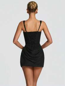 1pc Women's Solid Color Fashionable Sexy Sleeveless Bodycon Mini Skirt Dress With Tie Waist And Ruffle Strap - Black - View 2