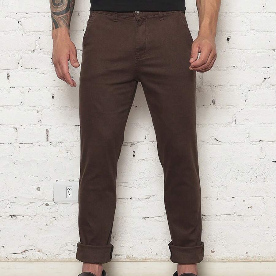 Men's Tailored Smart Casual Twill Trousers With Slash Pockets And Welt Pockets - 棕色的 - 查看 1