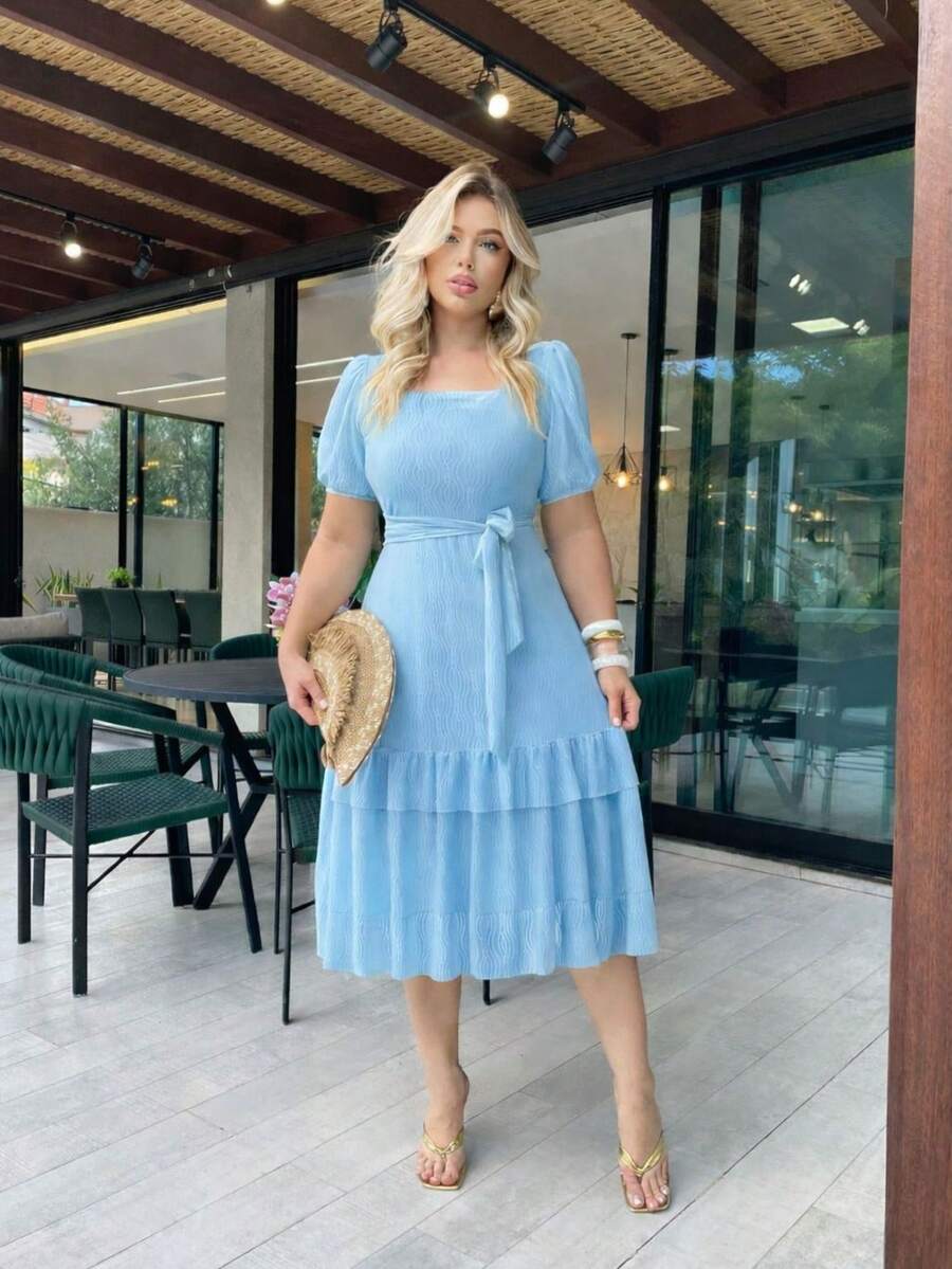 Elegant Women's Casual Dress, Fabric, Hem With Ruffle, Knot, Pleated, Women's Evening Wedding Dress - 淺藍色 - 查看 1