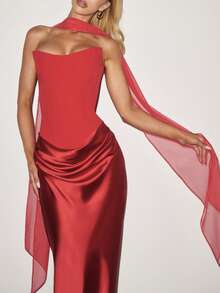 情人节 Maggie 女士性感无肩带修身长裙，夏季垂褶长款连衣裙，红色系带露背优雅生日晚宴鸡尾酒会礼服 - 紅色 - 查看 6