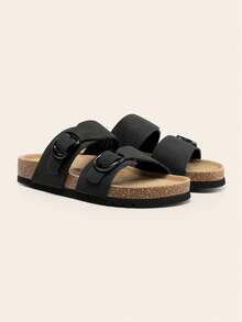 Fashionable Women's Genuine Cork Open-Toe Sandals Double Buckle Adjustable Slides Sandals For Vacation Stylish Outdoor Summer Flat Sandals Slippers - 黑色 - 查看 8