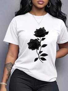 Spring Clothes Women's Clothing, Ladies Plus Size T-Shirt Black Rose Print - Casual Short Sleeve Round Neck Top, Medium Stretch Fabric, All-Season Com - 白色 - 查看 12