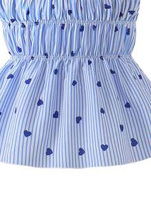 2pcs/Set Big Girls' Fashion Casual Vacation Style Handcraft Heart Striped Print Camisole Top And Loose Wide Leg Pants Set, Summer - Blue - View 5