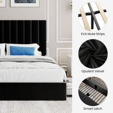 SHA CERLIN Full/Queen/King Size Platform Bed Frame With 4 Storage Drawers, Vertical Channel Tufted Adjustable Headboard, Velvet Upholstered, Wooden Slats Support, No Box Spring Needed, Easy Assembly, Black - Black - View 4
