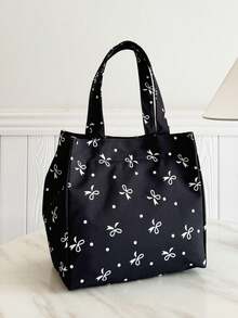 Portable Insulated Lunch Bag; Thickened Cute Lunch Fruit Bag For Students; Pink Asymmetrical Bowknot & Heart Print - Black - View 7
