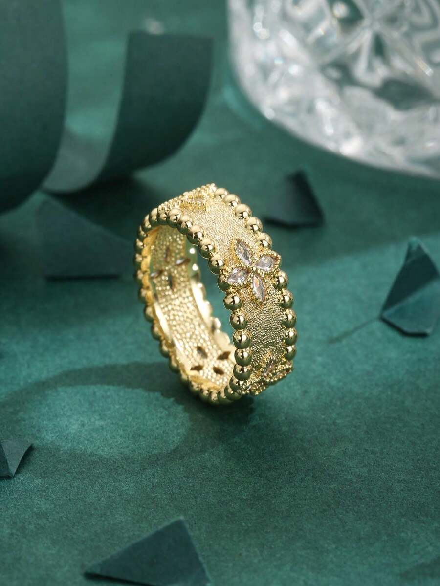 1 件高品质 18K 镀金黄铜和方晶锆石欧洲奢华喷涂哑光经典宝石戒指，适合女性日常佩戴的理想礼物 - 金黃色 - 查看 1