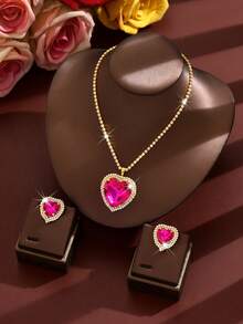 优雅红心水晶新娘首饰套装，KC镀金水晶心形项链和耳环，婚礼新娘首饰套装，适合周年纪念日、情人节、节日礼物 - 1808-HB玫紅色 - 查看 5