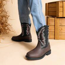 Kids Cowboy Boots, Western Style Riding Mid Calf Boots With Square Toe For Toddler & Little Boys And Girls - 巧克力棕 - 查看 2