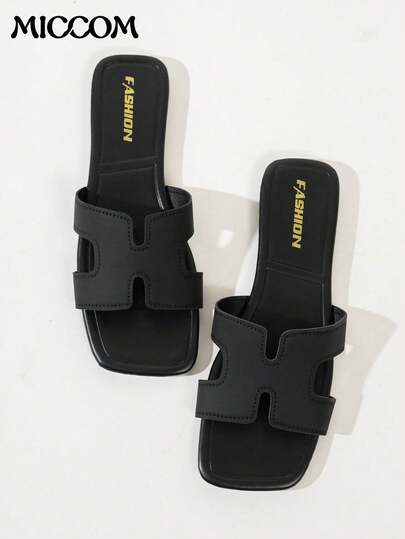 Women's Fashion Flat Square Toe Slip-On Sandals, Versatile For Spring And Summer