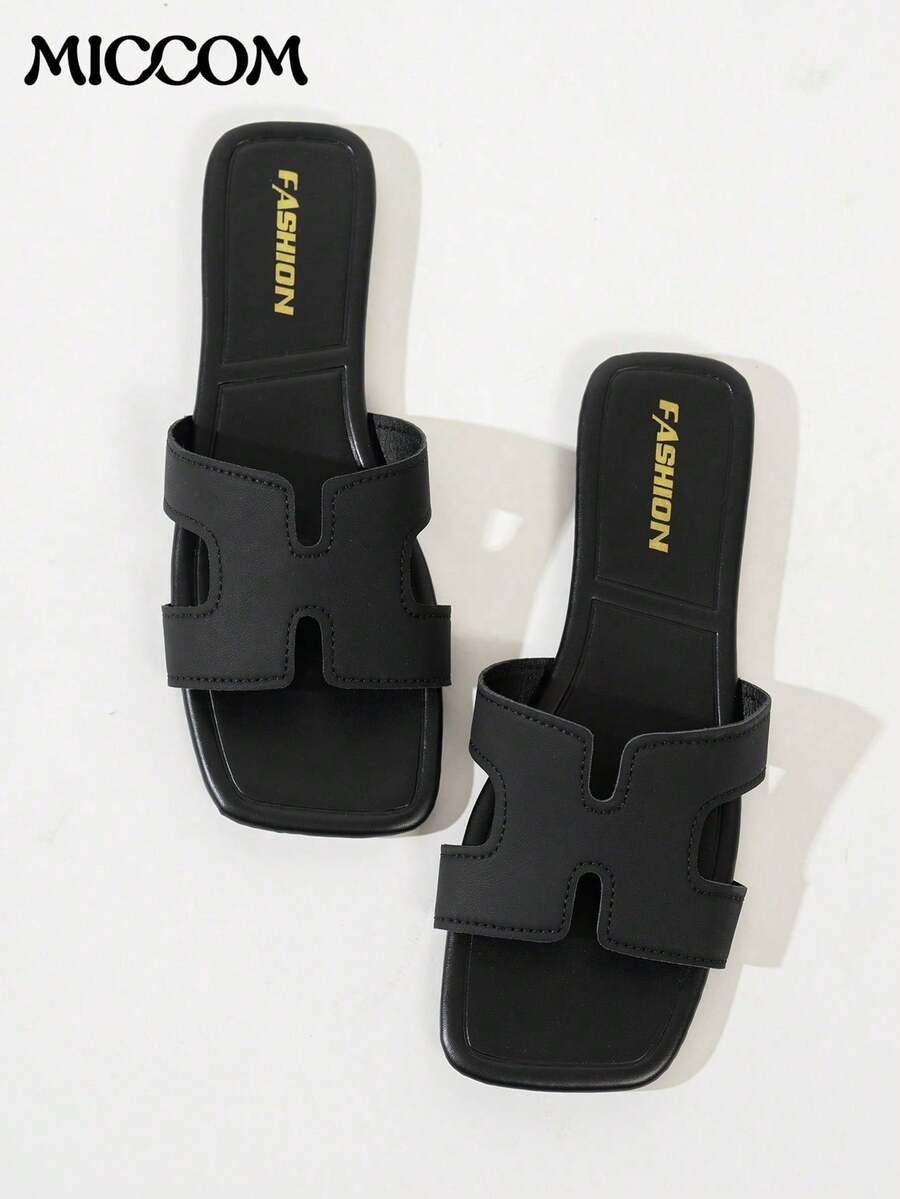 Women's Fashion Flat Square Toe Slip-On Sandals, Versatile For Spring And Summer - Black - View 1