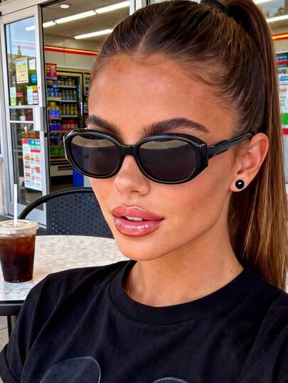 1 Pair Oval Frame Black Minimalist Fashion Glasses, Suitable For Street Style, Travel, Vacation, Sports, Driving, Festivals, Outings, Summer Accessories, Family Trips, Golf, Hiking