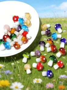 15/25/35/50/60/80/100pcs Multi-Color Mushroom Glass Beads - Colorful Marble Texture Mushroom Decorative Beads, Suitable For Jewelry Making, DIY Necklace, Bracelet, Earrings, Crafts | Vibrant Bead Design | Smooth Texture - Multicolor - View 3