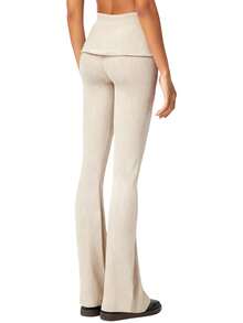 Women's Flared Pants Stylish Solid Color Ribbed Fold-down Waist Design Casual Slim Fit Bell Bottoms - Champán - Ver 6