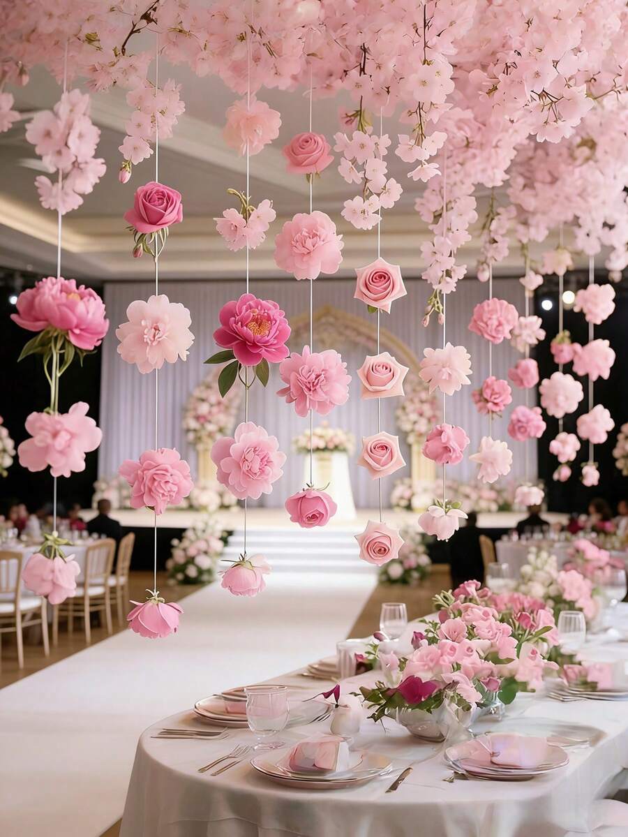 20件/套花卉瀑布套装，粉色混合人造花和1卷透明丝带花饰，适用于婚礼、家居装饰、圣诞节、情人节、母亲节、户外婚礼派对布置，逼真花卉艺术仿真花，节日氛围装饰（随机粉色花朵） - 彩色 - 查看 1