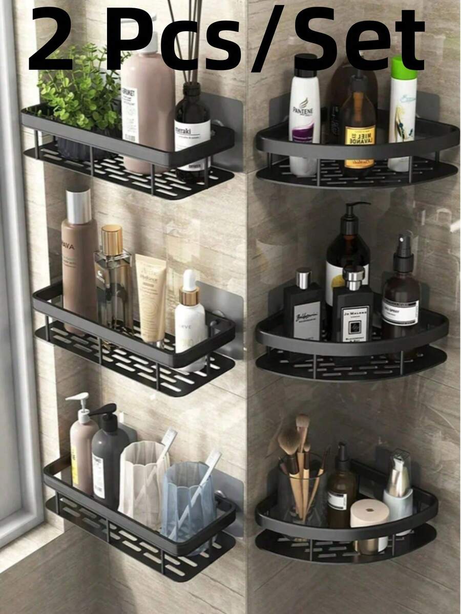 2 pezzi Mensola da bagno a parete di grande capacità, senza bisogno di foratura, salvaspazio, facile installazione, può contenere articoli da toeletta, cosmetici, shampoo e bagnoschiuma, materiale in plastica resistente, portaoggetti da doccia