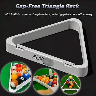 高品质无缝台球三角架，带压板，方便快捷地排列球，确保完美开球，瞬间散开球。采用高端ABS材料制成，经久耐用。适用于8球和9球比赛。台球爱好者的必备之选。理想的节日礼物。