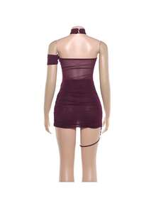 Solid Color Mesh Splice Personalized Street Style High-Waist Slim Bodycon Dress - 1 - Xem 2