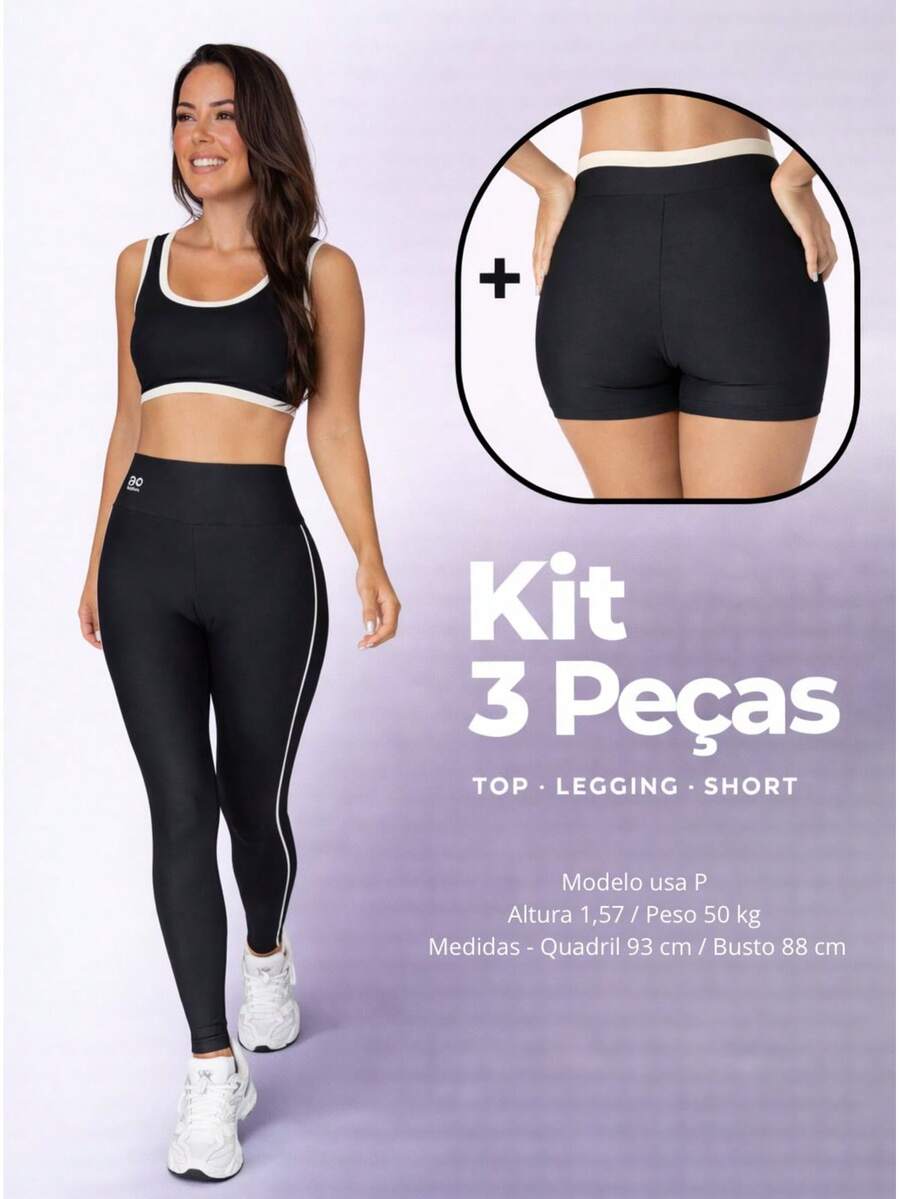 Kit Fitness Feminino 3 Peças – Top, Shorts e Legging Cintura Alta - Preto - Visão 1