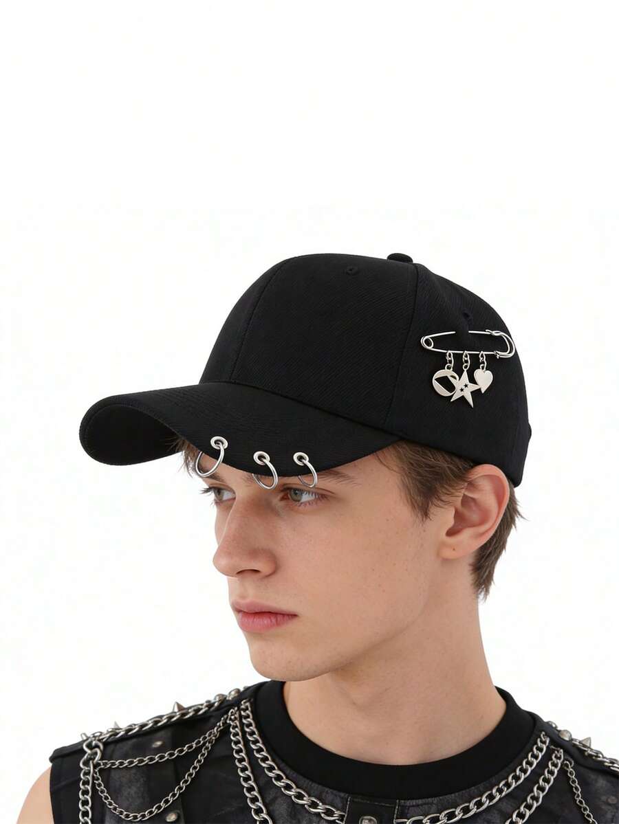 Mũ lưỡi trai kiểu dáng tối màu trang trí bằng kim loại với vòng sắt và tua rua, mũ chống nắng đôi. - màu đen - Xem 1