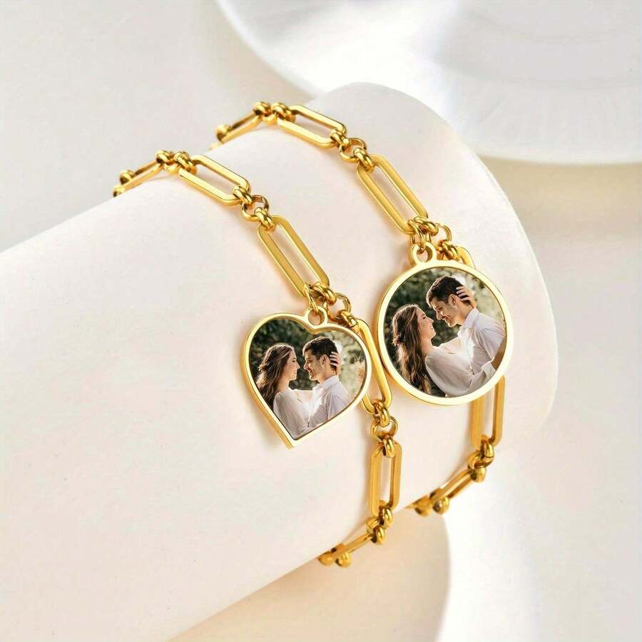 1PC Personalized Photo Custom Bracelet, Stainless Steel Heart-Shaped Bracelet, Round Custom Bracelet, Suitable For Both Men And Women, Valentine's Day, Custom Special Dates, Anniversary Gifts - Multicolored - View 1