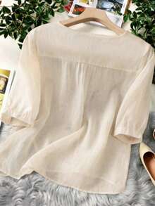 Plus Size Women Summer Vintage Casual Vacation Heavily Embroidered Floral Blouse - Apricot - View 3