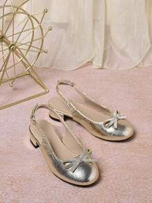 1 Pair New Girls' PU Crystal Rhinestone Shiny Bow Backstrap High Heel Sandals, Suitable For Princess, Dresses, Stage, Wedding, Festivals And Daily Wear, Spring/Summer - Gold - View 6