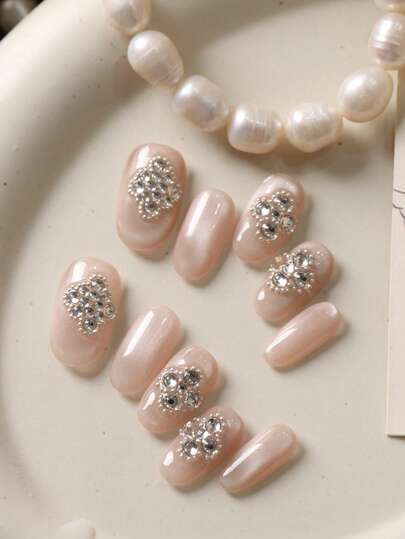 10pcs Press On Nails Short Acrylic Nail Kit Cat's Eye Four-Leaf Clover Flash Drill Fake Nails Short Office DailyWear False Nails Artificial Nails Kit Includes 1sheet Adhesive Tabs &1 Pc Mini File