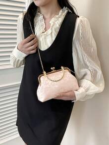 Fashionable Clip-Top Handbag, Elegant Tote Bag For Party And Shopping, Pattern Placement Random - Pink - View 4