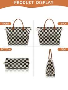 Plus Size Women Checkered PVC Tote Bag, Waterproof Shoulder Bag With Adjustable Strap, Suitable For Commuting - Black and White - View 2
