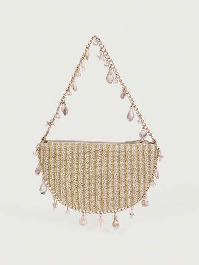 Bolso de hombro tejido de paja para el verano con decoración de estrella de mar y concha de imitación, bolso de playa novedoso