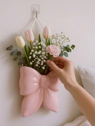 1/2pcs Pink/White Bow Hanging Vase, Decorative Vase, Wall Decor For Living Room & Bedroom