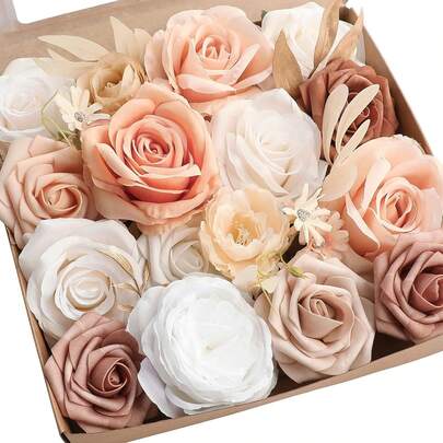 AUSOGO Peach Blossom Artificial Flower Fake Rose Peony Combination Box Set, Used For DIY Wedding Bouquet Bridal Shower Center Flower Arrangement Dining Table Home Decoration Festival Decoration