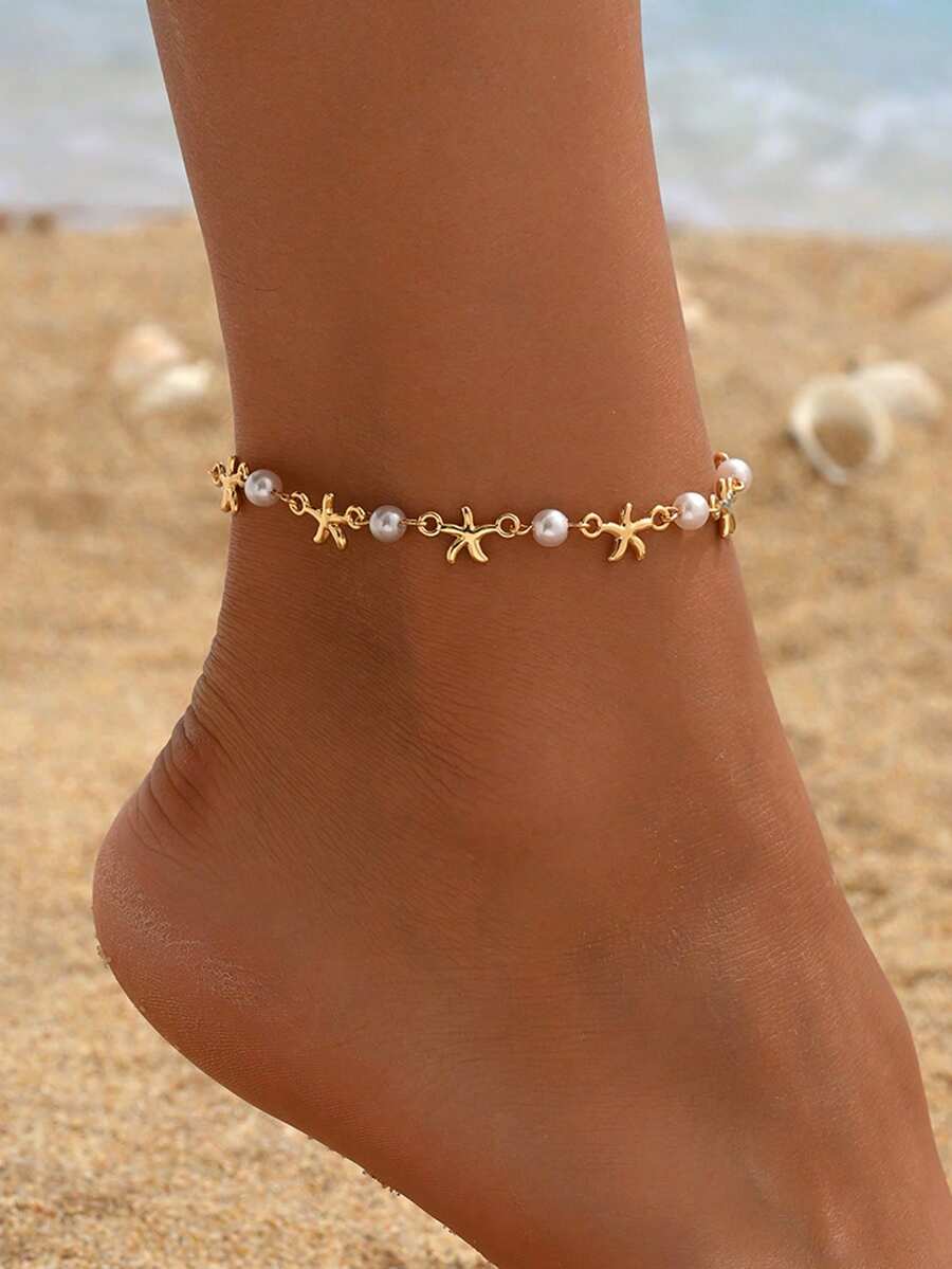 1件合金闪亮海星和仿珍珠组合脚链，手工制作，时尚百搭，适合日常佩戴、海滩派对、约会、旅行等场合。 - 彩色 - 查看 1
