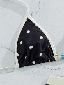 女士复古黄色波点印花撞色比基尼泳装套装，适合外出、生日派对、日常休闲穿着，Y2K风格，2000年代风格，优雅，街头风，度假，沙滩装，黑色夏季 - 黑色 - 查看 10