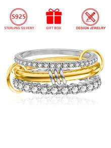 Juego de anillos apilables de plata de ley de dos tonos 925, anillos de plata con incrustaciones de circonita cúbica multicapa, minimalista y versátil para uso diario/caja de regalo - Plateado - Ver 11