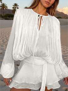 Tie-Up Ruffle Collar Double-Layer Lantern Sleeve Shirt Dress Party Wedding - White - View 4