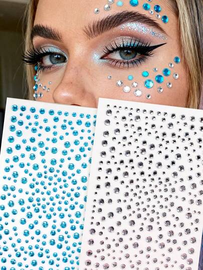 Gemas faciales transparentes y brillantes de múltiples piezas, decoraciones de cristal de imitación en blanco plateado/verde mezclado/morado claro/azul claro/diamantes estrellados con adhesivo, adecuadas para el borde del ojo/uñas/decoración facial, para DIY, festivales de música, carnaval, San Valentín, fiesta de estilo Y2K, decoración diaria, fiesta de maquillaje, baile, se pueden usar para el cabello, los ojos, la cara y la decoración corporal
