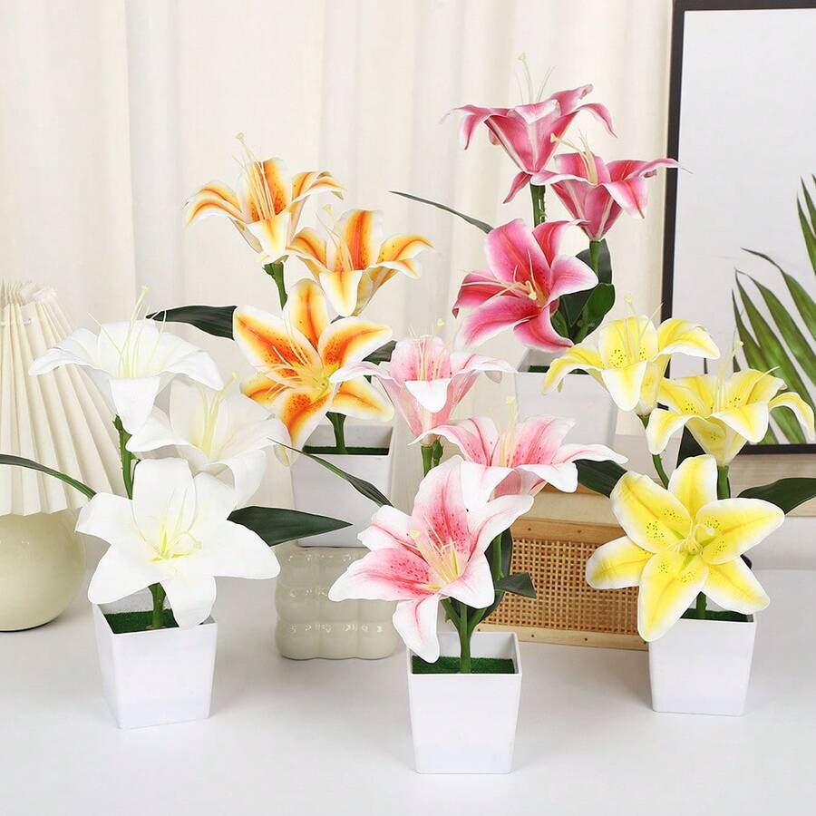 1 束逼真仿真百合花束盆栽 - 栩栩如生的假花,适合室内外摆放,浪漫永不凋谢的花卉摆设,创意家居装饰,浪漫惊喜礼物,免维护装饰品,无需电池,适用于家居、婚礼、办公室装饰、情人节、节日装饰 - 彩色 - 查看 1