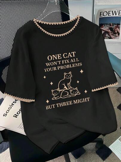 Plus Size Women Black Round Neck Short Sleeve Fashion T-Shirt - Soft And Breathable, Suitable For Summer And Spring, Casual, Vacation, Daily Wear - Plus Size Women Regular Printed T-Shirt