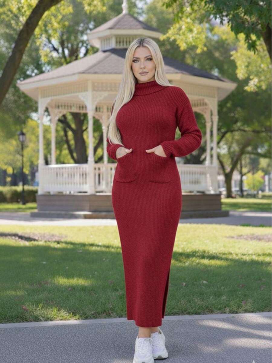 Mouse Long Dress With Pocket High Neck Fashion Knitting Tricot 2024 - Màu Đỏ Sâu - Xem 1