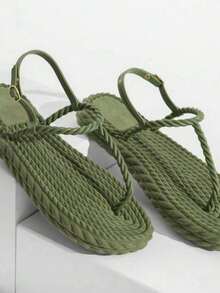 Braided Flip-Flops With Straps, Two-Strap Platform Sandals, Comfortable Sandals For Carnival. - 苔綠色辮子 - 查看 2