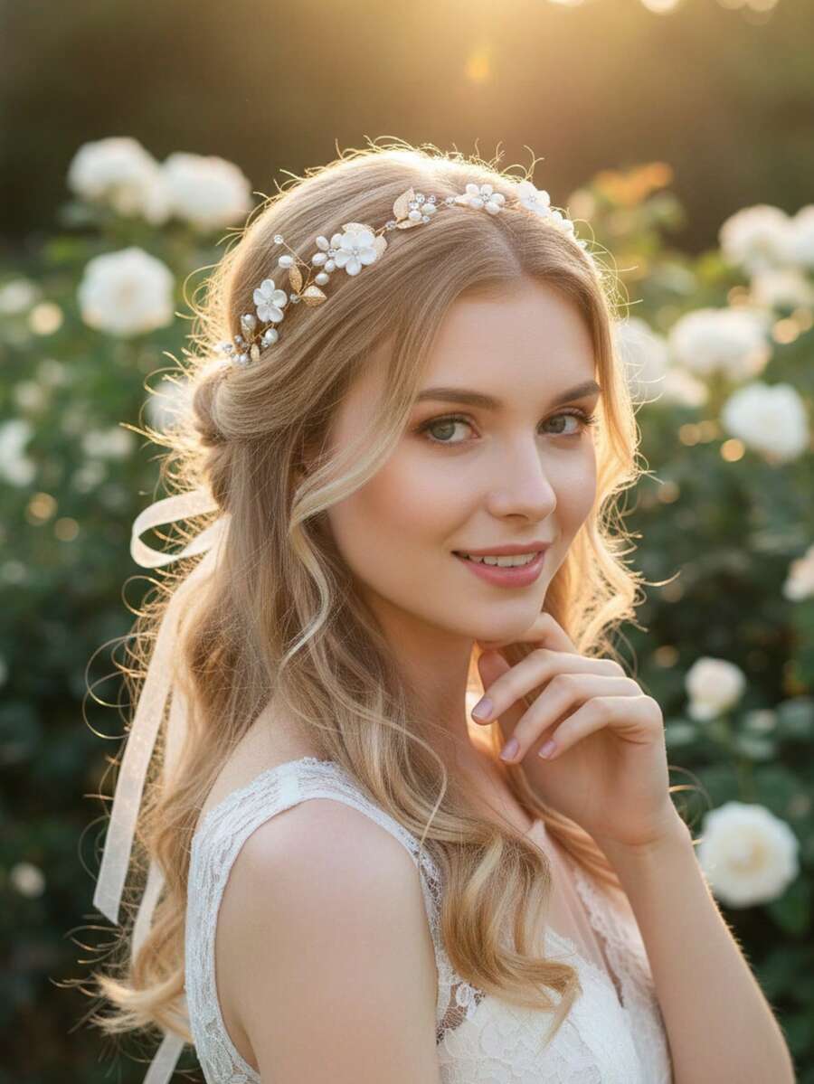 Dây cài tóc cô dâu thủ công với hoa trắng mờ và lá vàng, phụ kiện cài tóc ruy băng có thể điều chỉnh cho cô dâu và phù dâu, phụ kiện tóc ngọc trai phong cách Boho cho tiệc tùng