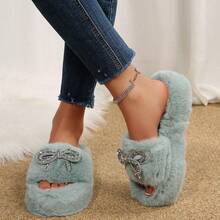 Women's Elegant Rhinestone Bow Slippers Cozy Fur Slides For Indoor And Relaxation Wear - Màu xanh lam - Xem 5