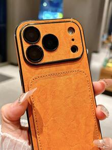Ốp điện thoại giả da cao cấp có nếp nhăn, kèm ngăn đựng thẻ và khả năng chống sốc cho iPhone 16, 15, 14, 13 Pro Max, 17 Pro Max, 14, 15, 16 Plus, 11 - trái cam - Xem 4