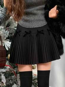 黑色羊毛百褶迷你裙，蝴蝶结A字女裙，春秋新款 - 黑色 - 查看 1