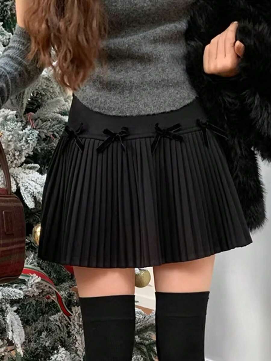 黑色羊毛百褶迷你裙，蝴蝶结A字女裙，春秋新款 - 黑色 - 查看 1