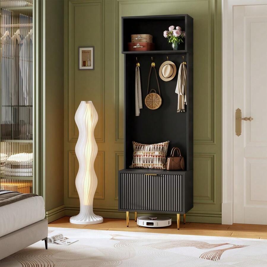 Perchero de 180 cm con banco y espacio de almacenamiento, perchero con banco para zapatos, perchero para entrada, perchero con 4 ganchos dorados y patas de metal para entrada y sala de estar. - Negro - Ver 1