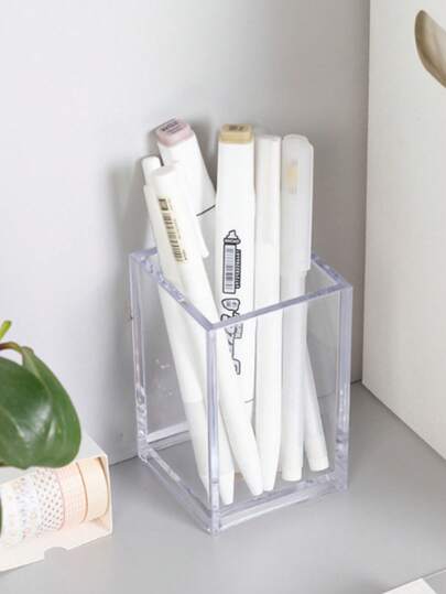 1/2pcs Acrylic Pen Holder, Transparent Desktop Organizer, Cute Girly Square Pen Cup, Student Stationery Storage Box, Suitable For Makeup Brushes, Eyeliners, Lipsticks, Eyeshadows Etc. - Lightweight And Easy To Use